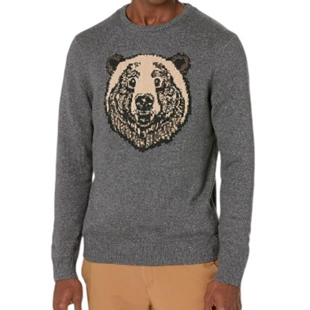 GOODTHREADS Men's Large 100% Cotton Gray Grizzly Bear Crewneck Sweater Cozy